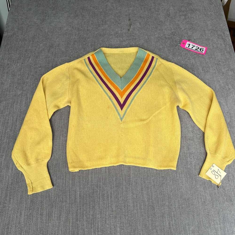 Vintage Womens All Wool Sweater Medium Yellow Striped Collar Long Sleeve Retro